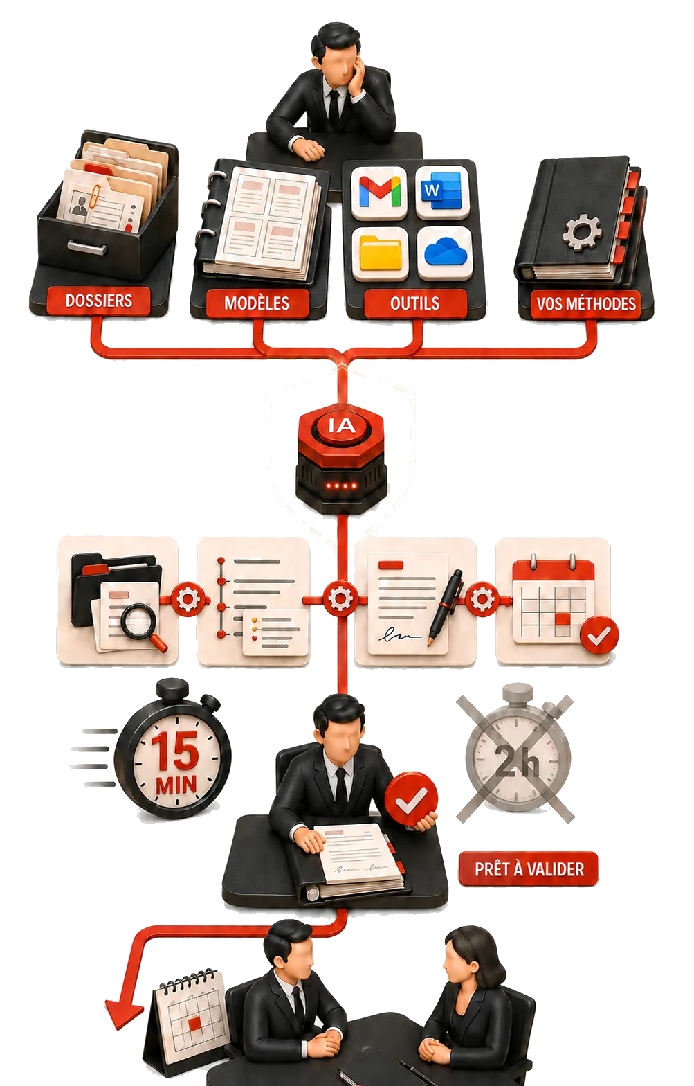 Illustration : l'assistant, branché sur les dossiers, les modèles et les outils du cabinet, enchaîne recherche, chronologie, rédaction et mise à l'agenda, et prépare un document à valider pendant que l'avocat reçoit son client.